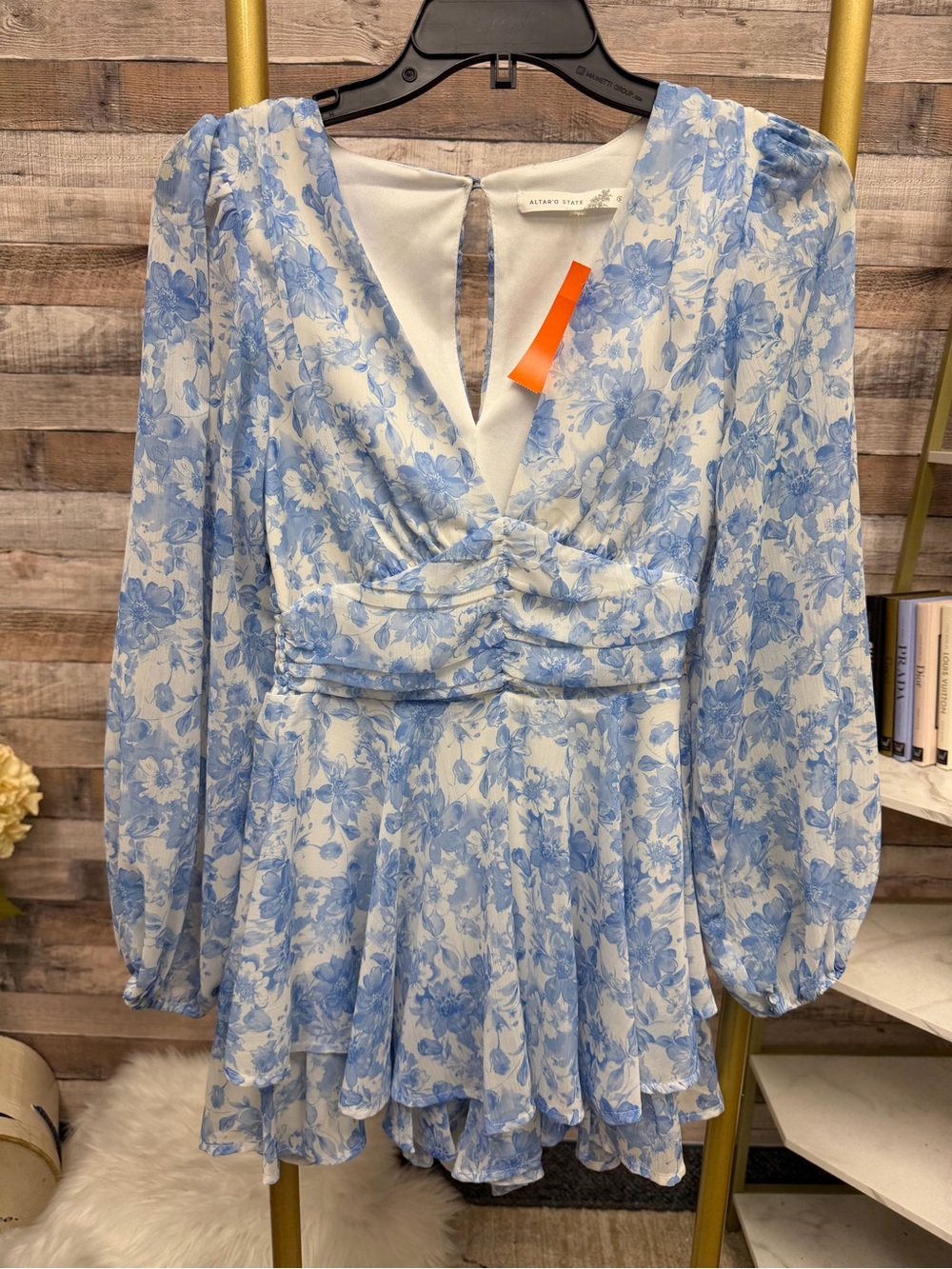 Altar'd State blue/white floral print peplum top long sleeve romper